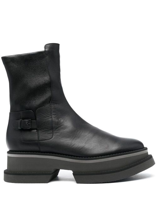 Platform sole leather ankle boots - Black
