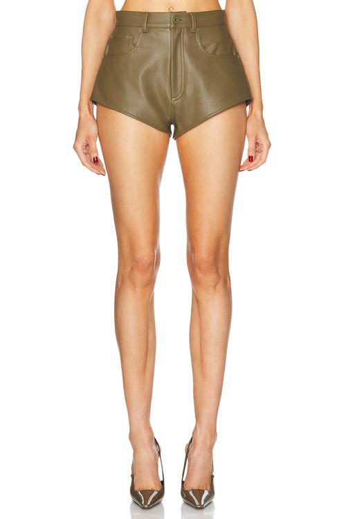 Lapointe Stretch Faux Leather Mini Short in Dark Olive - Olive.  0 also in