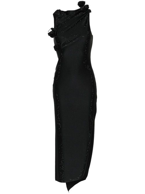 Floral-appliqués rhinestone-embellished dress - Black