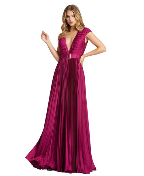 Women's Ieena Pleated Plunge Neck Belted Satin Gown - Raspberry