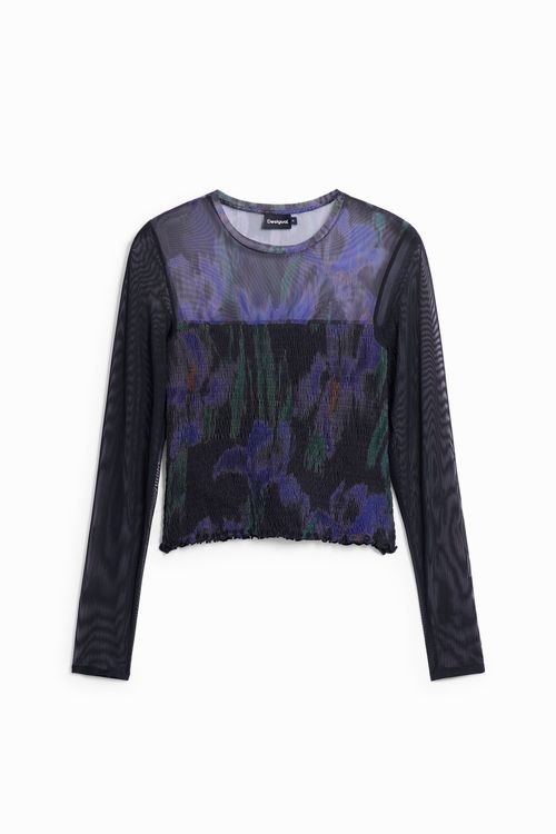 Long-sleeve tulle shirt with ruching