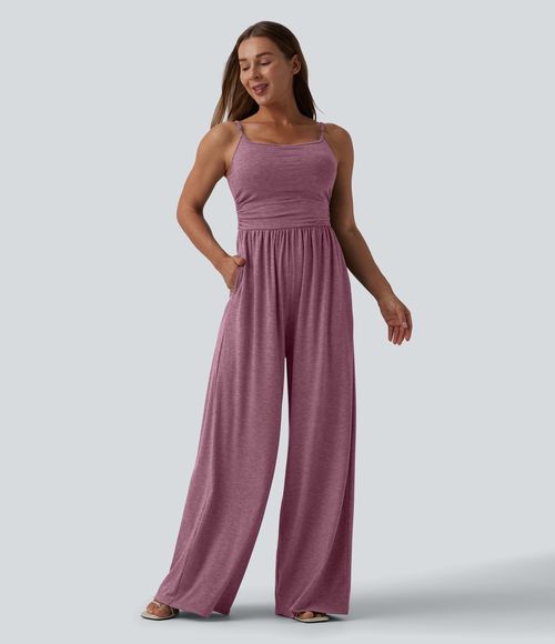 Adjustable Straps Ruched Wide Leg Heathered Casual Jumpsuit with Pockets-Easy Peezy  - Red Violet Floral Yarn