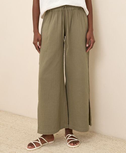 Women's Khaki Green Coastal Double Gauze Split Hem Pant
