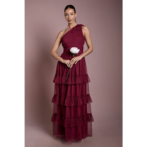 Oasis Womens Wine Pleated Mesh One Shoulder Tiered Maxi Bridesmaid Dre