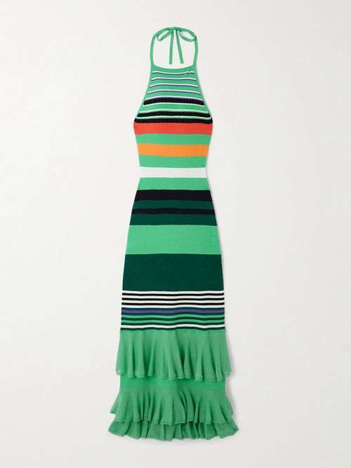 Christopher John Rogers | Ruffled Striped Stretch-knit Halterneck Maxi Dress - Multi | Realry Christopher John Rogers | Ruffled Striped Stretch-knit Halterneck Maxi Dress - Multi | Realry