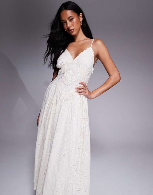 Broderie embellished midi dress in cream-White