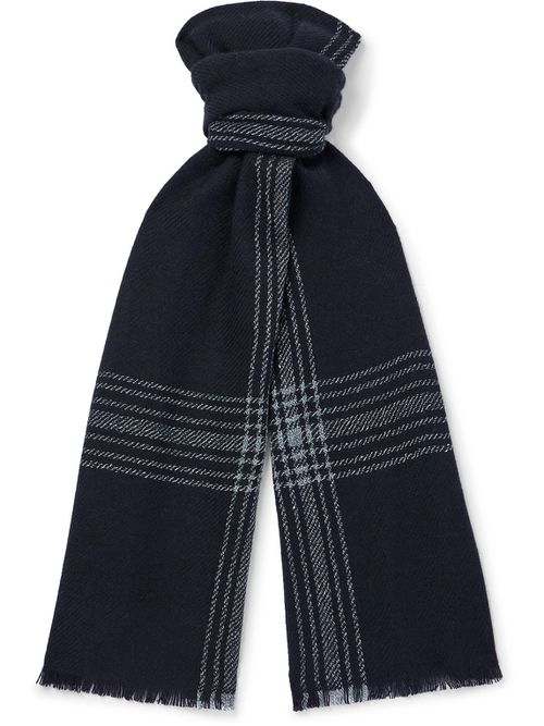 Frayed Checked Cashmere and Linen-Blend Scarf - Men - Blue