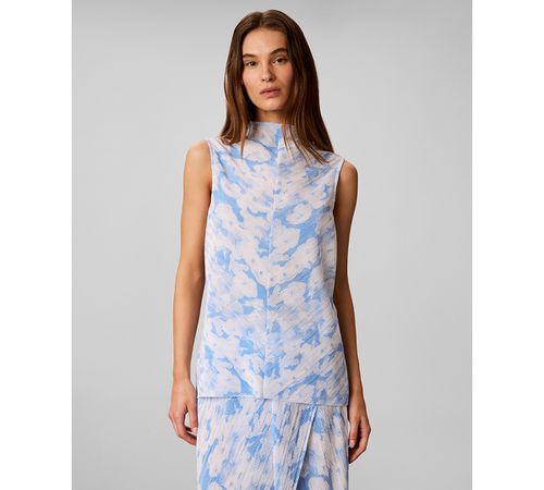 Women's Printed Plisse Mock Neck Sleeveless Top - Halftone Floral Marina Dew
