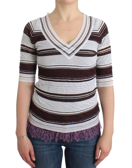 Striped Lace V-Neck Sweater — Multicolor