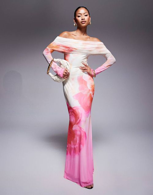 AFRM | AFRM off the shoulder long sleeve maxi dress in ombre pink floral |  Realry