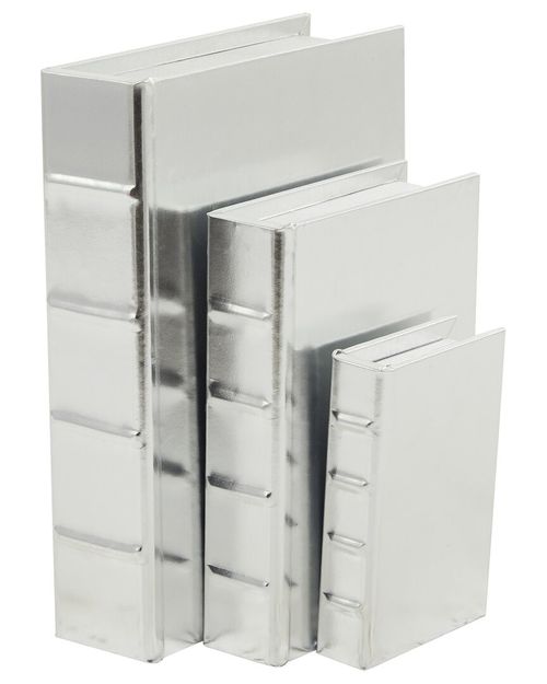 Set Of 3 Silver Faux Leather Faux Storage Book Box With Metallic Finish