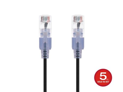 Cat6A 5ft Black 5-Pk Patch Cable, UTP, 30AWG, 10G, Pure Bare Copper, Snagless RJ45, SlimRun Series Ethernet Cable
