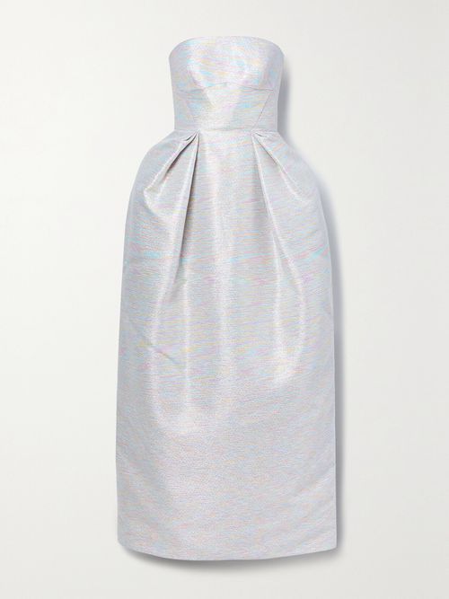Strapless Pleated Metallic Jacquard Gown