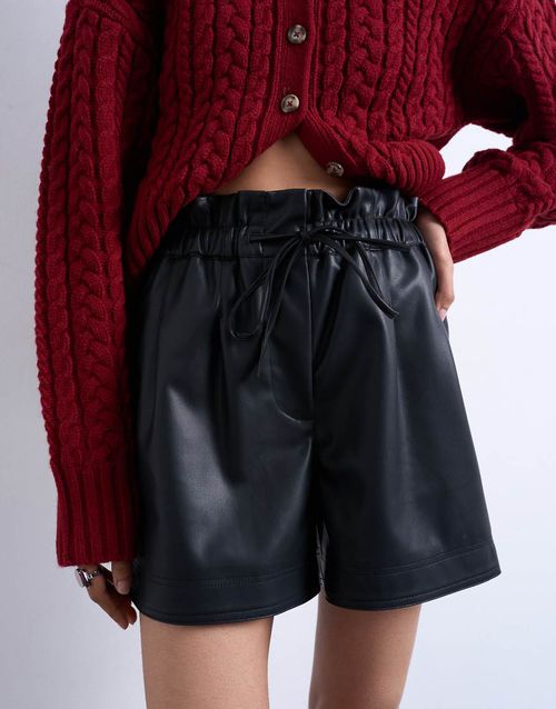 Faux leather paper bag short in black