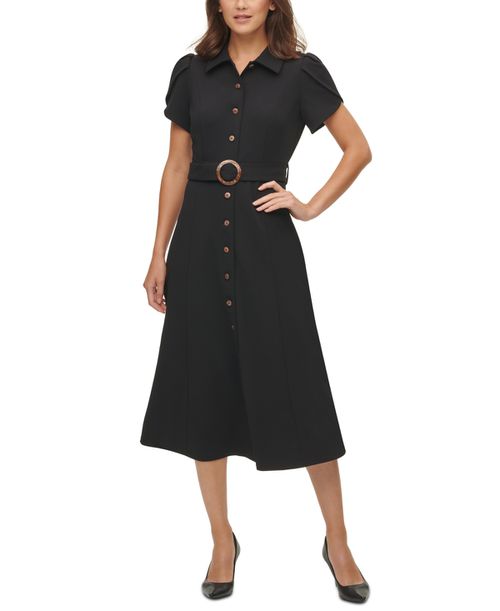 Puff-Sleeve Belted Midi Dress - Black