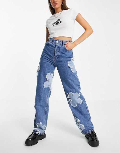 Topshop oversized Mom jeans with flower patches in mid blue