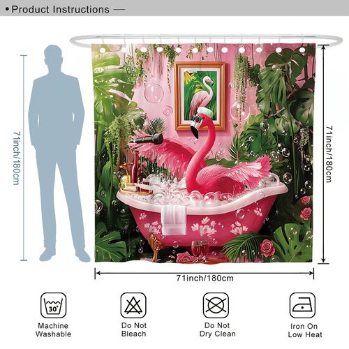 TEMU A Set /4 Shower Curtains Featuring Flamingos And Monstera Leaves And Pink, A Tropical-themed Bathroom. The Curtains Are Machine Washable And