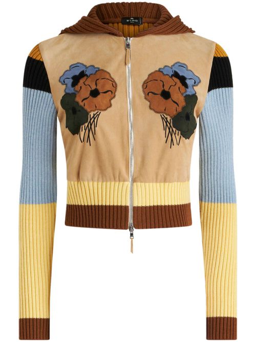 Floral-motif hooded wool cardigan - Brown