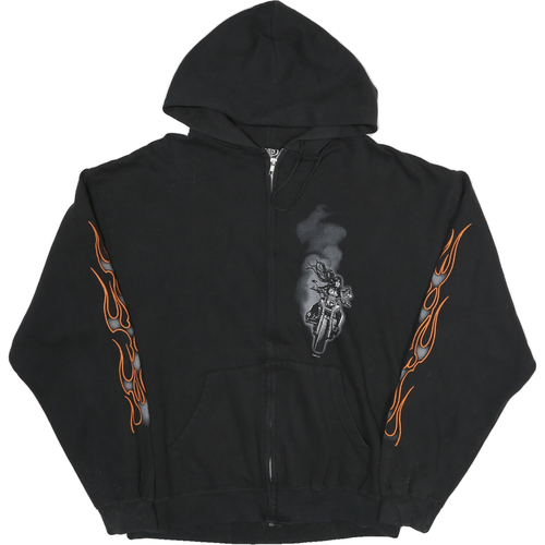 K AND S Mens Black Zip Hoodie XL Motorcycle Flame Sleeve Print