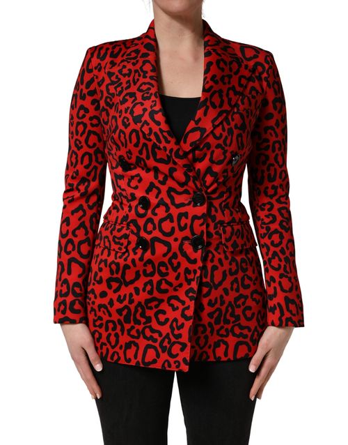 Leopard-Print Double-Breasted Blazer — Red