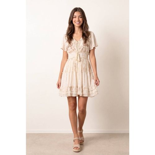 Blue Vanilla Shirred Waist Beige Short Sleeve V-Neck Mini Dre
