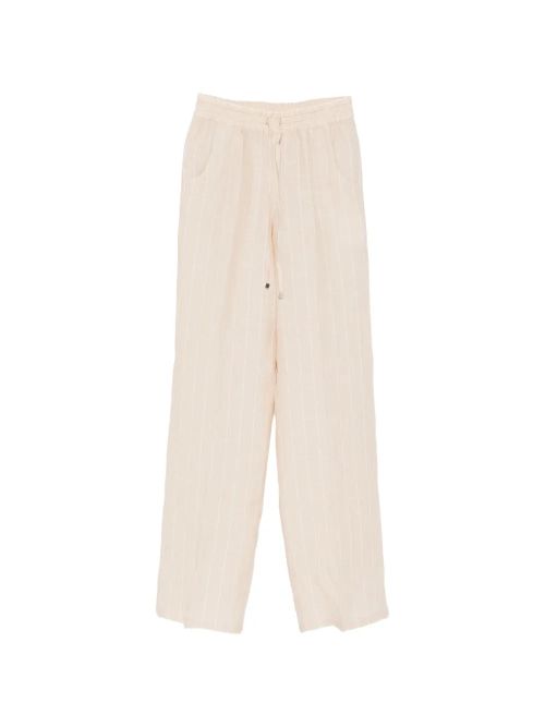 Striped Linen Drawstring Trousers — Beige