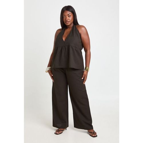 Boohoo Womens Plus Pleated Linen Look Halterneck and Trouser Set - Black Cotton