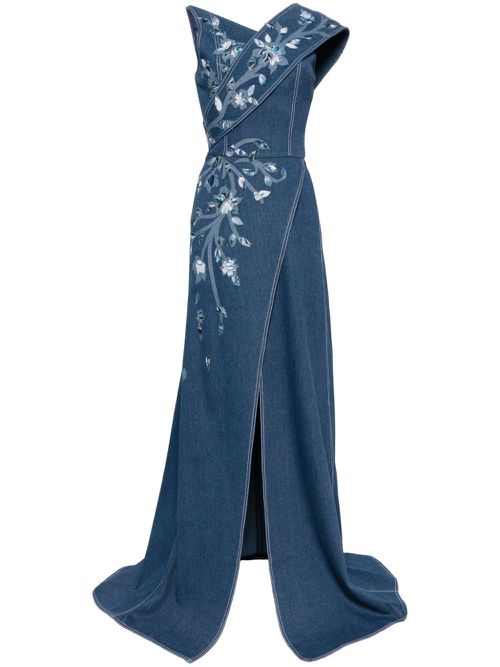 Floral-print denim maxi dress - Blue