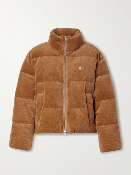 Embroidered Quilted Cotton-blend Corduroy Down Jacket - Brown