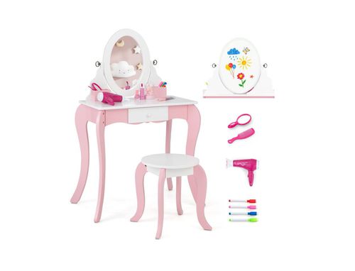 Pretend Kids Vanity Set with 360° Rotatable Mirror and Play Accessories - Pink/white