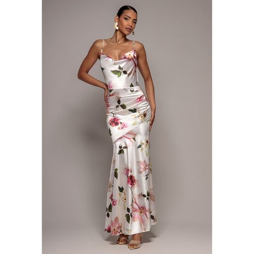 Goddiva Floral Print Satin Cowl Neck Maxi Dress - Crea