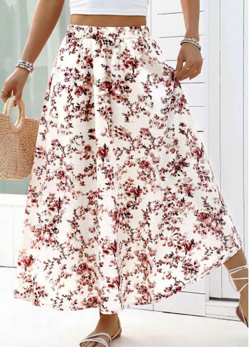Modlily White Floral Print A Line Elastic Waist Maxi Skirt