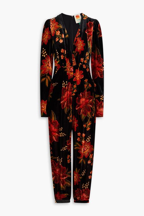 Draped floral-print chenille jumpsuit - Black - S