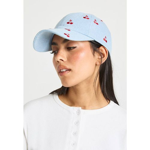Boohoo Women's Embroidered Cherry Print Denim Cap in Denim/Blue