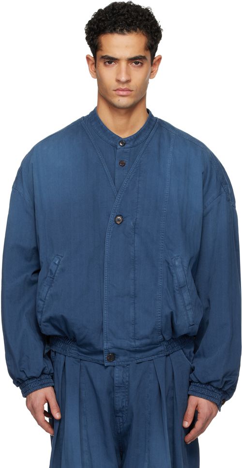 Blue Herringbone Denim Bomber Jacket