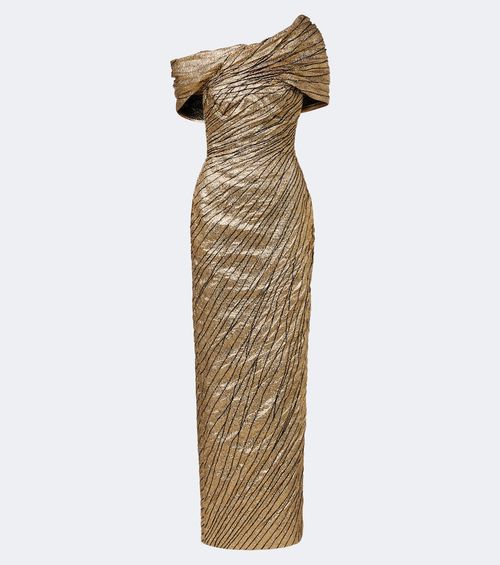 Striped asymmetric brocade bustier gown