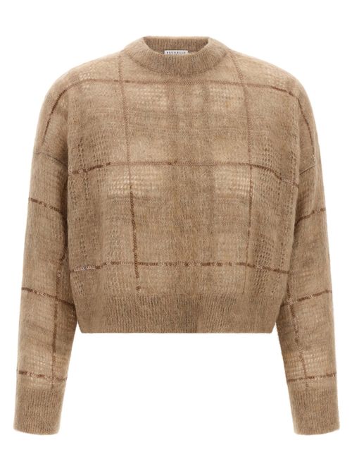 Sequin-Embroidered Check Sweater — Beige