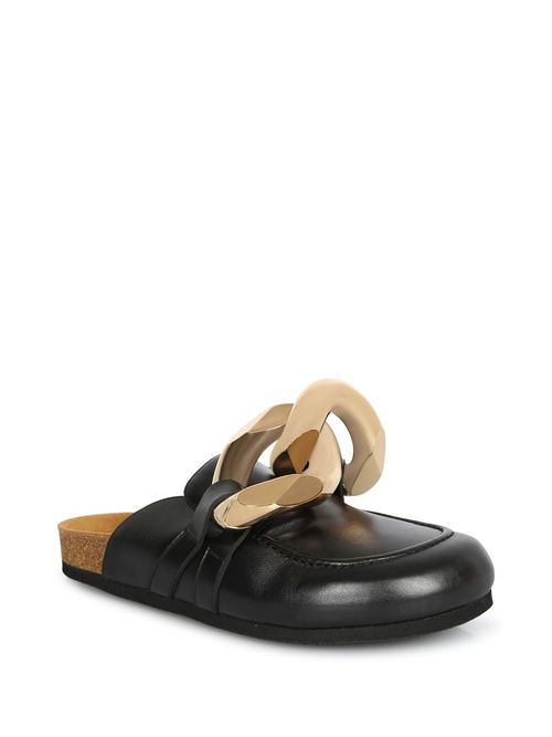 Black Leather Chain Loafer Mules