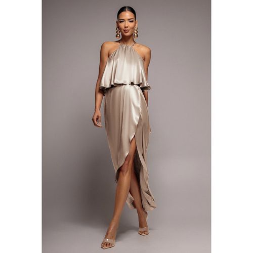 Goddiva Satin Viscose Front Wrap Midaxi Dress - Champagne
