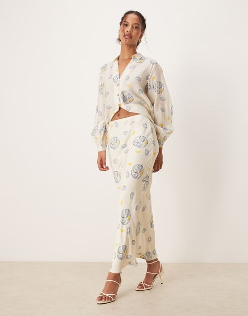 Satin slip maxi skirt in oyster lemon print - part of a set-White