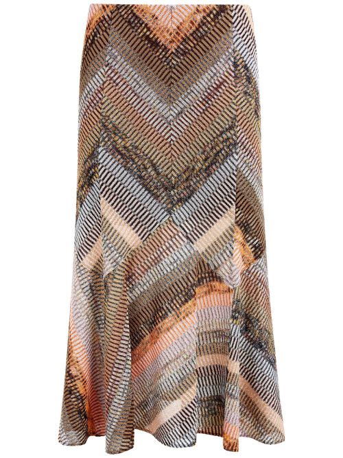 Patchwork-effect lamé flared midi skirt - Brown