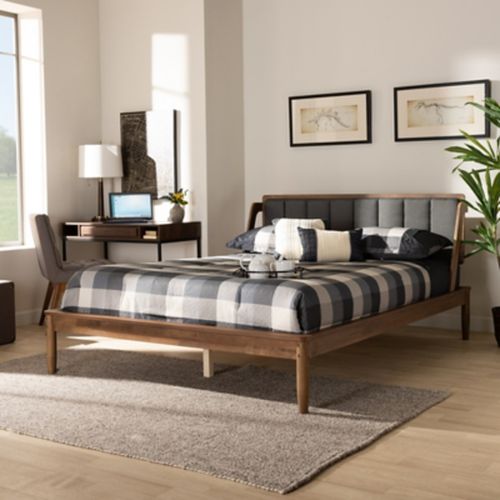 Baxton Studio Helsa Upholstered and Walnut Finished Full Size Platform Bed, Dark Gray/Walnut