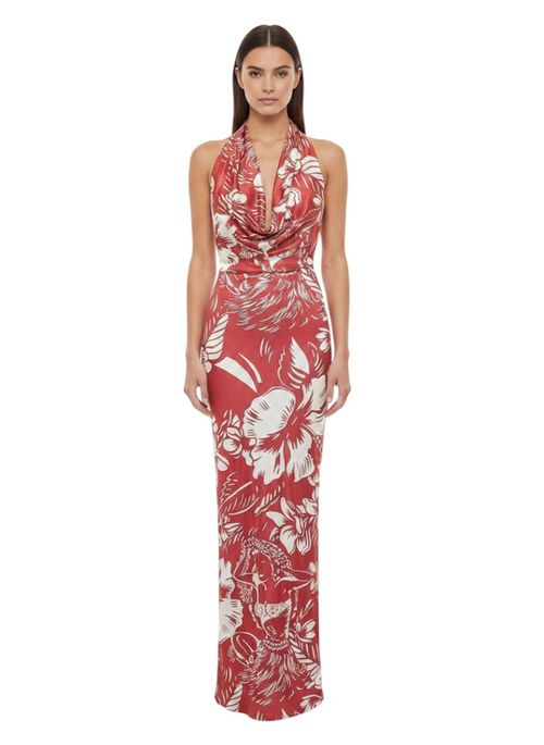 Red Floral Halter Neck Maxi Dress