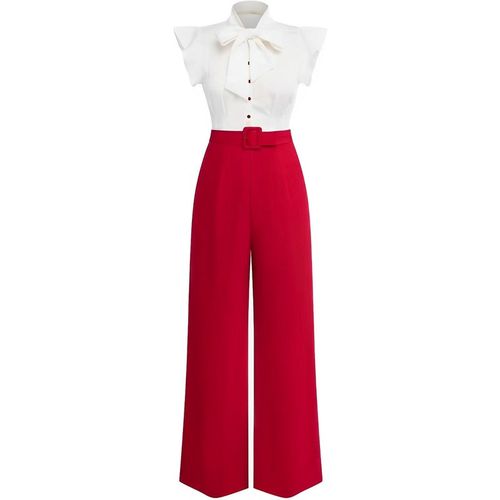 Retro Stage Bow Collar Wide-leg Jumpsuit White & Red