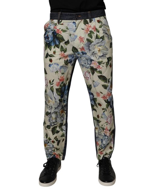 Floral Cotton Denim Jeans — Beige
