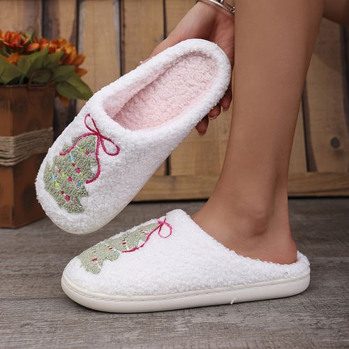 TEMU Cozy Women's Christmas Tree Embroidered Plush Slippers - Warm, Indoor House Shoes With Non-slip Tpr Sole, Best For Christma