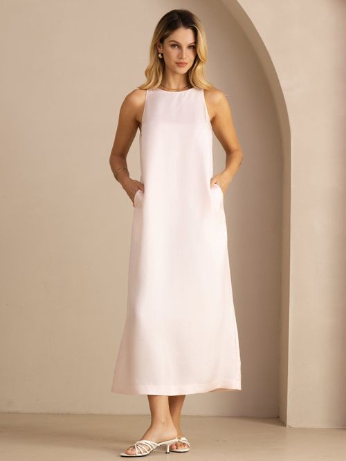 100% Mulberry Silk Crew Neck  Sleeveless Self-Tie Midi Dress