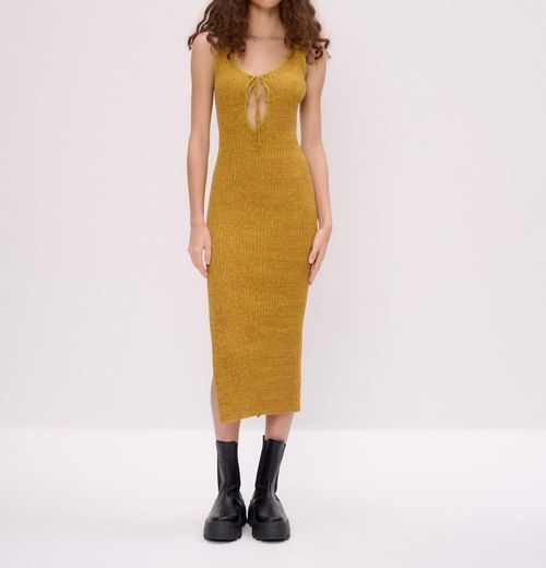 Space Dye Rib Keyhole Front Midi Dress In Yellow