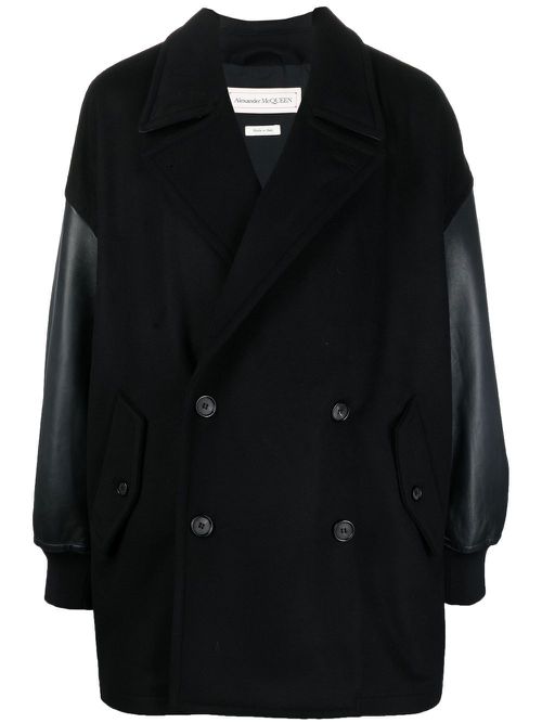 Leather-trim double-breasted jacket - Black