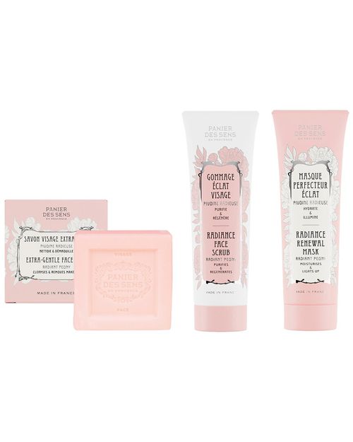Peony Face Hydrating & Renewal Set: Peony Face Extra-Gentle Soap 5.3 oz; Renewal  Mask2.6fl & Radiance Scrub 2.6